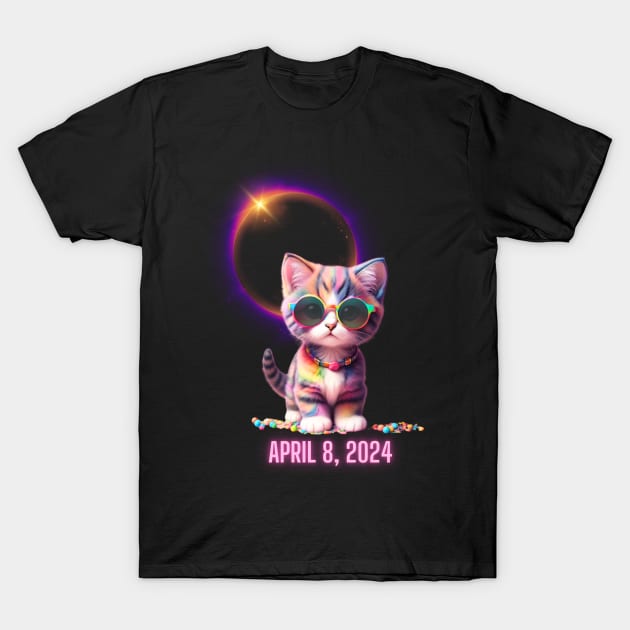 Solar Eclipse 2024 Cute Rainbow Kitty Cat Wearing Solar Eclipse Glasses T-Shirt by Little Duck Designs